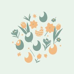 A minimalist illustration of spring flowers and Easter eggs in a circular arrangement on a light green background.