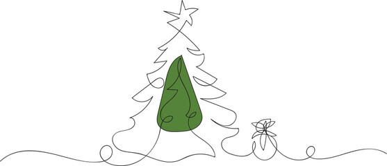 One continuous line drawing of Christmas tree with star on top. Glowing green spore or seed pod against a black background. A single, luminous green spore or seed pod floats in the darkness, emitting 