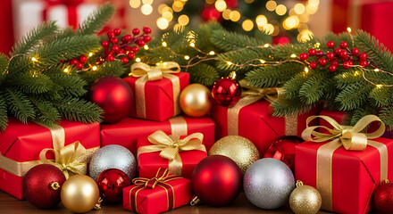 A vertical vibrant red holiday scene with wrapped gifts ornaments and pine branches evokes Christmas 93048318 1