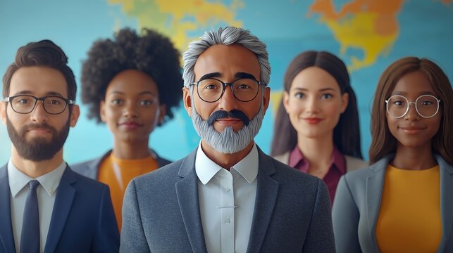 A group of people standing in front of a world map