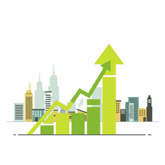 Green bar chart and line graph showing upward trend and growth in a city skyline.