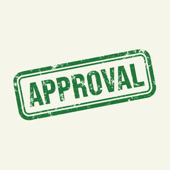 A green grunge rubber stamp with the word "APPROVAL" on a light background, signifying official consent or endorsement for a task or document.