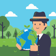 A smiling man in a suit and hat holds a vibrant green and blue globe with a small plant sprouting from its top, set against a lush natural landscape.