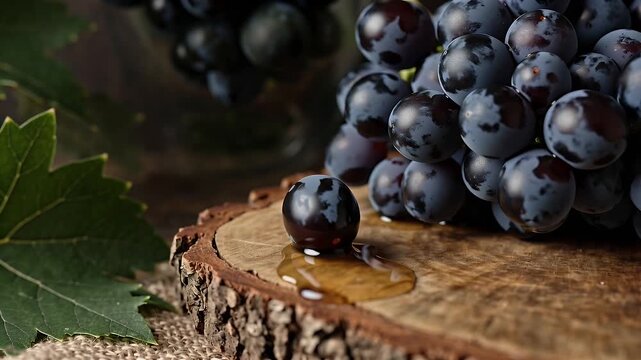Close-up of glossy blueberries in a rustic setting resting on a wooden tree slice with leaves