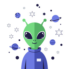 A friendly green alien character in a blue suit surrounded by planets, stars, and space elements in a flat vector illustration style.