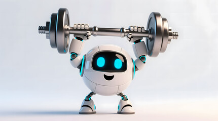Cute robot with a wide smile lifting a heavy dumbbell overhead, clearly showing incredible strength and capability  funny 3D render, isolated on white.