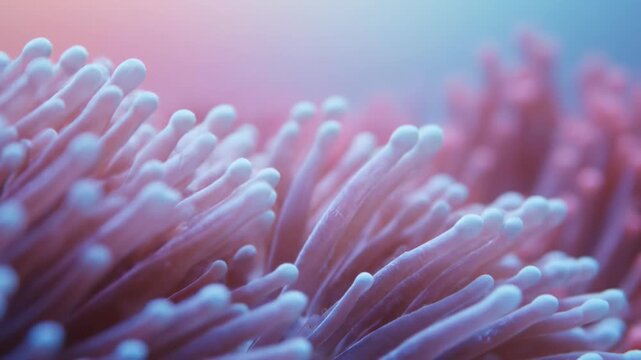 Vibrant pink and red sea anemone tentacles bloom like tropical flowers amidst a colorful coral reef teeming with marine life in the deep blue underwater ocean