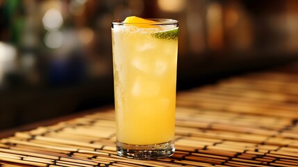 A mango lemonade soda in a tall glass on bamboo mat