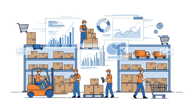 Efficient warehouse operation with staff managing inventory and logistics using forklifts and analytics dashboards for business growth