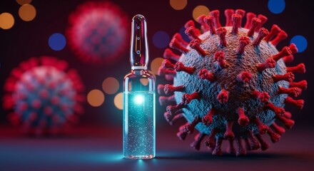 Covid-19 vaccine ampoule and coronavirus virus cells 3d render