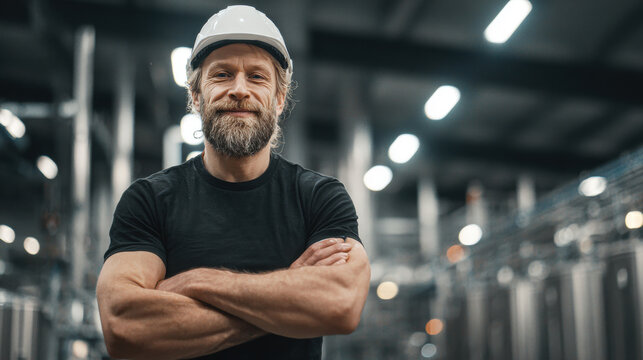 Confident construction worker with arms crossed, wearing a hard hat, looking at the camera. A construction worker stands confidently with arms crossed, wearing a white hard hat, in a warehouse setting - Powered by Adobe