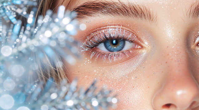 Macro of a blue eye with festive silver glitter makeup. Woman with sparkling frosted eyelashes for a winter holiday party. Christmas and New Year's Eve beauty concept