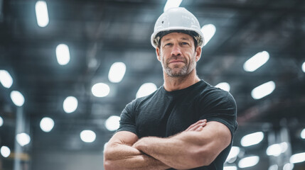 Confident construction worker with arms crossed, wearing a hard hat, looking at the camera. A construction worker stands confidently with arms crossed, wearing a white hard hat, in a warehouse setting