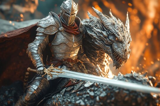 A man in armor holding a sword next to a dragon