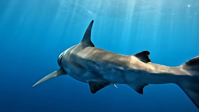 A majestic thresher shark gracefully swims through the deep blue ocean, a diver observes from a distance.