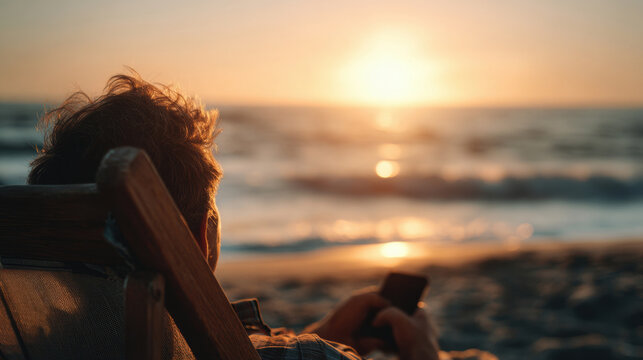 Man enjoying a beautiful sunset on the beach, relaxing and using his phone. A person is sitting on a beach chair, looking out at the ocean while using their phone during a sunset.