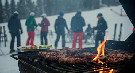 Close-up of steak grilling at a ski resort BBQ, people skiing and dining behind.