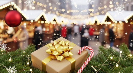 Gift box, candy cane, and ornament, against a festive market backdrop with snowflakes, evoking holiday cheer and celebration, perfect for seasonal concepts