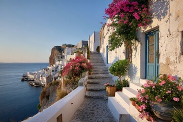 Whitewashed stairs rising to a sunlit terrace above a cliffside Mediterranean village
