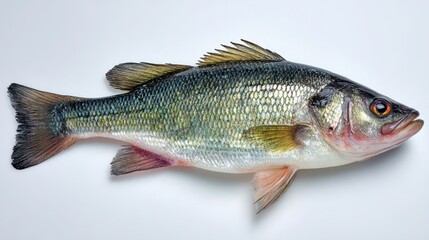 Whole sea bass displayed on a white backdrop for clean seafood catalog image