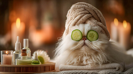 A fluffy white cat in a spa treatment. The cat has a green towel on its head and cucumber slices on its eyes. In the background, there are blurred spa accessories, candles, and cosmetic bottles.