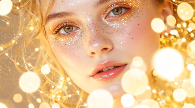 A portrait of a woman with festive gold glitter makeup. Christmas and New Year party look with sparkling bokeh lights