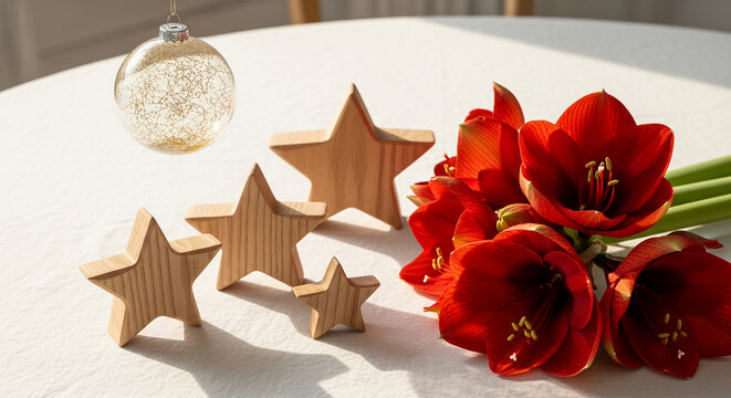 Still life with red amaryllis, wooden star, and glitter ornament. Symbolizes celebration, warmth, and festive cheer, suitable for holiday concepts