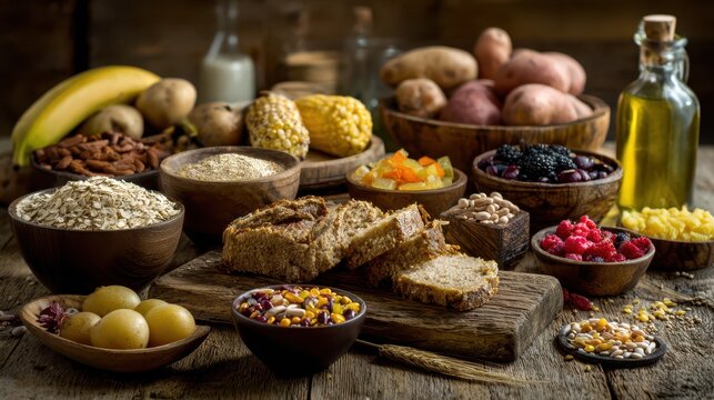 Wholesome grains, legumes and fruits arranged for a nutritious meal plan