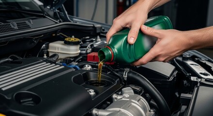 Hands pouring fresh engine oil into car engine during maintenanc