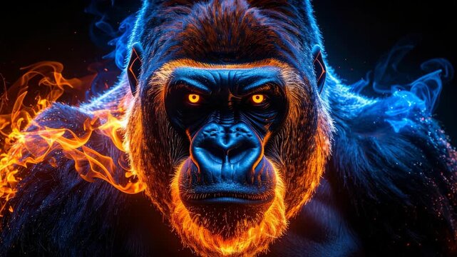 Dramatic gorilla face with fiery orange and cool blue ethereal smoke effects, intense glowing orange eyes on black background.