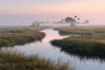 Wide-angle view of the Everglades wetlands in Florida with mist, tranquil waters, and distant trees