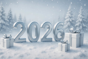 New Year's card 2026. Silver numbers 2026 on a snowy background and with silver gifts next to it.