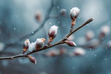 Winter frost on budding branches with falling snowflakes, close-up shot