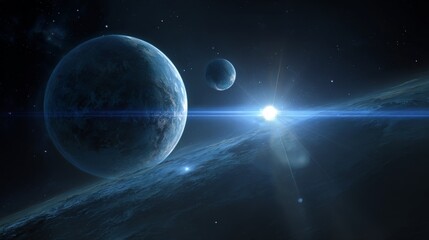 Celestial Symphony: A breathtaking cosmic vista unfolds, unveiling a majestic planet encircled by rings and another celestial body, all bathed in the radiant glow of a distant star.