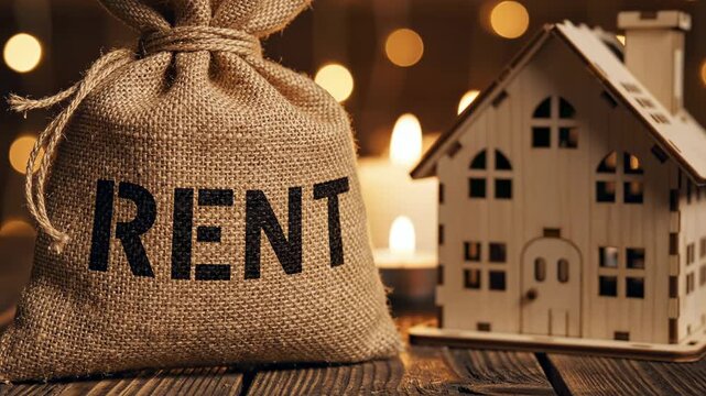A conceptual still life image features a rustic burlap sack prominently displaying the word "RENT" in bold black letters. Positioned beside it is a detailed miniature wooden house model, symbolizing h