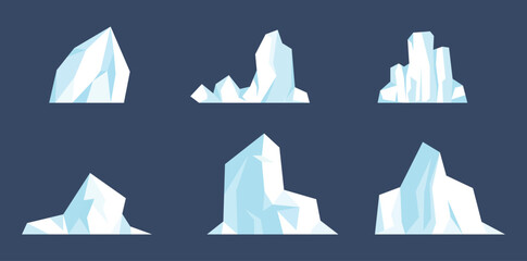 Iceberg shapes in cool blue tones on a dark navy backdrop. Ideal for Arctic, winter, and ocean themes, design projects, or visual storytelling of pristine, icy landscapes.