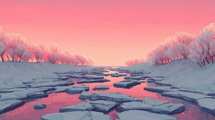 Low-poly winter scene. Pink sunset casts light on a frozen river with ice floes and snow-covered trees