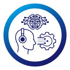 Outline vector icon illustrating AI concepts: a human head, circuit brain, and gear within a circular frame, symbolizing processing or communication. Available as vector, JPG, and high-resolution PNG