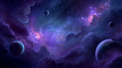 Obraz premium Celestial Symphony: A vibrant panorama of the cosmos unfolds, showcasing swirling galaxies, radiant nebulae, and distant planets. The image encapsulates the grandeur and mystery of the universe.