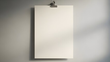 Minimalist Vertical White Blank Poster Mockup on Gray Wall with Metal Clip and Sunlight Shadow