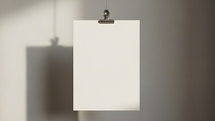 Hanging Vertical Blank White Paper Sheet Mockup with Silver Clip and Dramatic Wall Shadow
