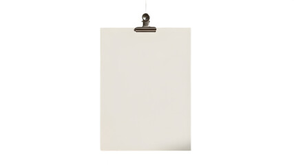 Isolated blank white sheet of paper hanging with metallic clip and string on white background