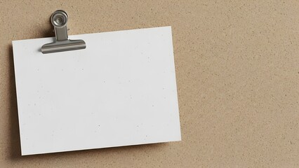 Blank White Note Card Mockup held by Metal Binder Clip on Brown Kraft Paper Background