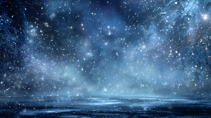 Obraz premium Magical deep blue winter night theme with glowing stars and dreamy snow particles, open center 