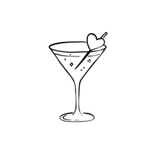 Minimalist Martini Glass with Heart Garnish Line Art