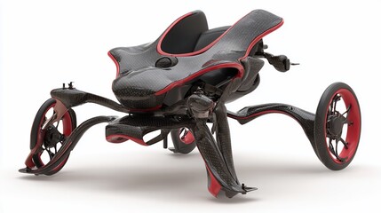 Low-slung, carbon-fiber, four-wheeled vehicle with red accents, against white