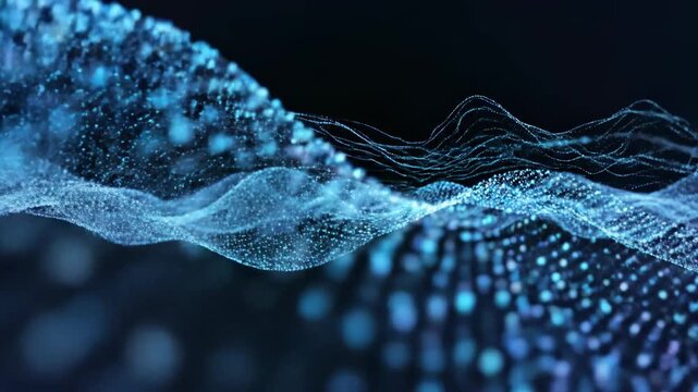 Abstract Blue Digital Waveform Particle Network Flowing Background.
