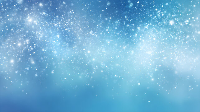 Magical snowfall theme with white sparkles drifting around dreamy gradient blue background, copy space center 