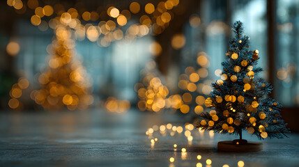 Defocused christmas tree with golden bokeh light with empty space for abstract festive background.