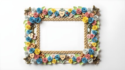 Handmade decorative picture frame with colorful quilled paper flowers and rustic rope border